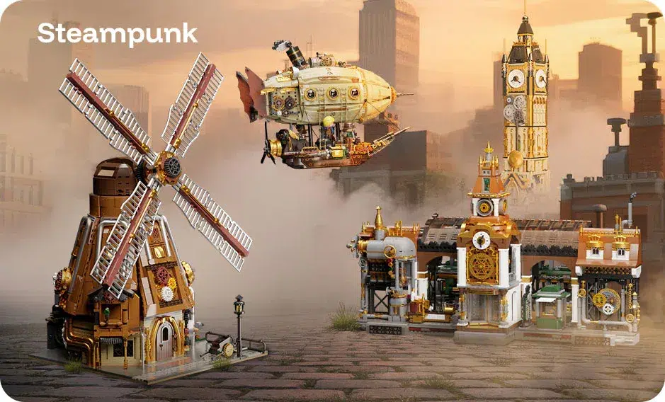 Pantasy Steampunk-Serie mit Windmühle, Luftschiff und Uhrturm